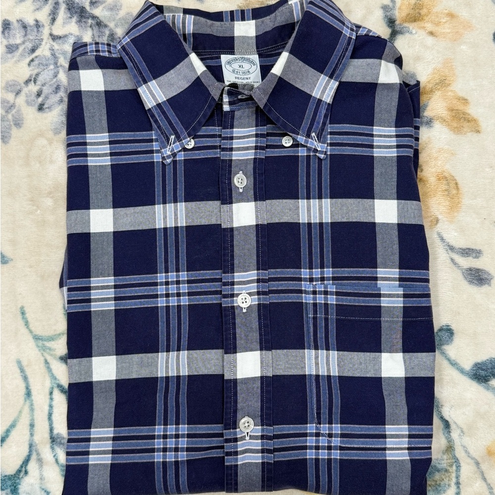 Brooks Brothers 100% Cotton Navy and White Plaid Regent Shirt XL